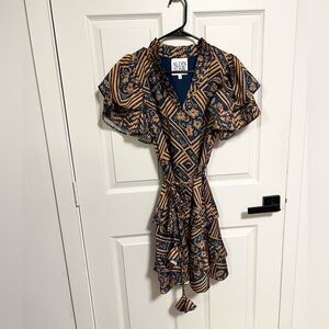 Alden Adair Ruffle Sleeve Split neck mini dress braided belt